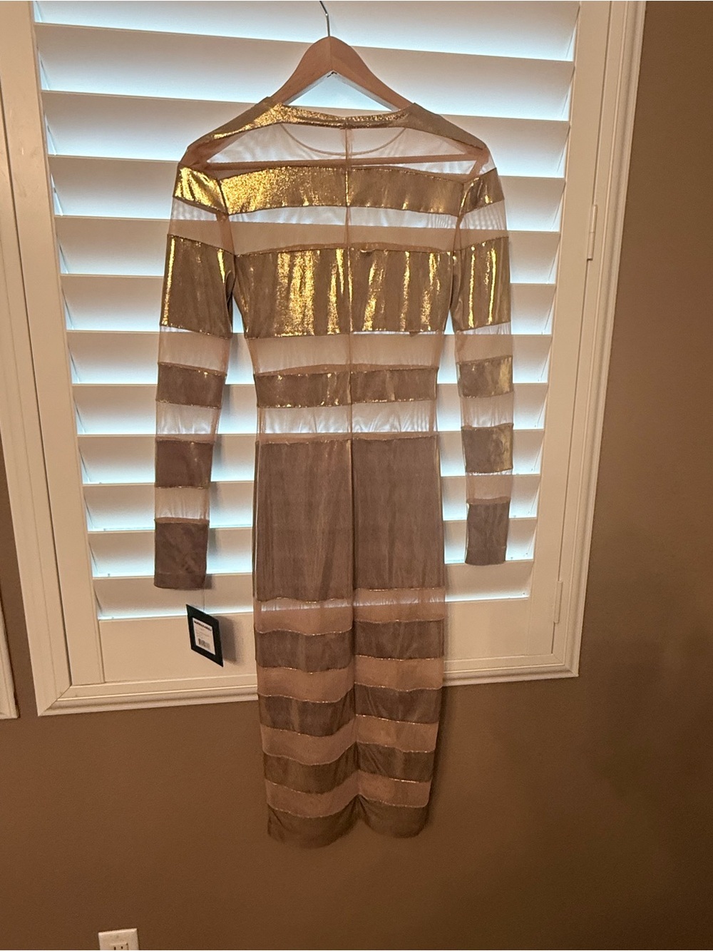 Norma Kamali Gold and Nude Sheer Striped Long Sleeve Dress